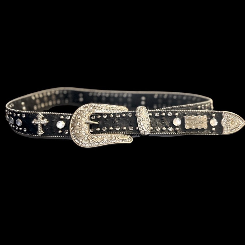 Y2K Western‎ Belt XL Silver Rhinestone Crosses Rodeo Cowgirl WB Atlas